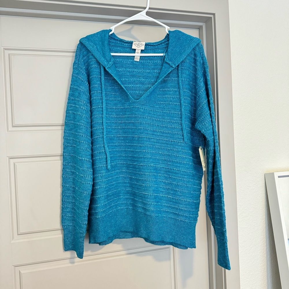 St Johns Bay Blue V Neck Sweater With Hood Super Soft Size Large